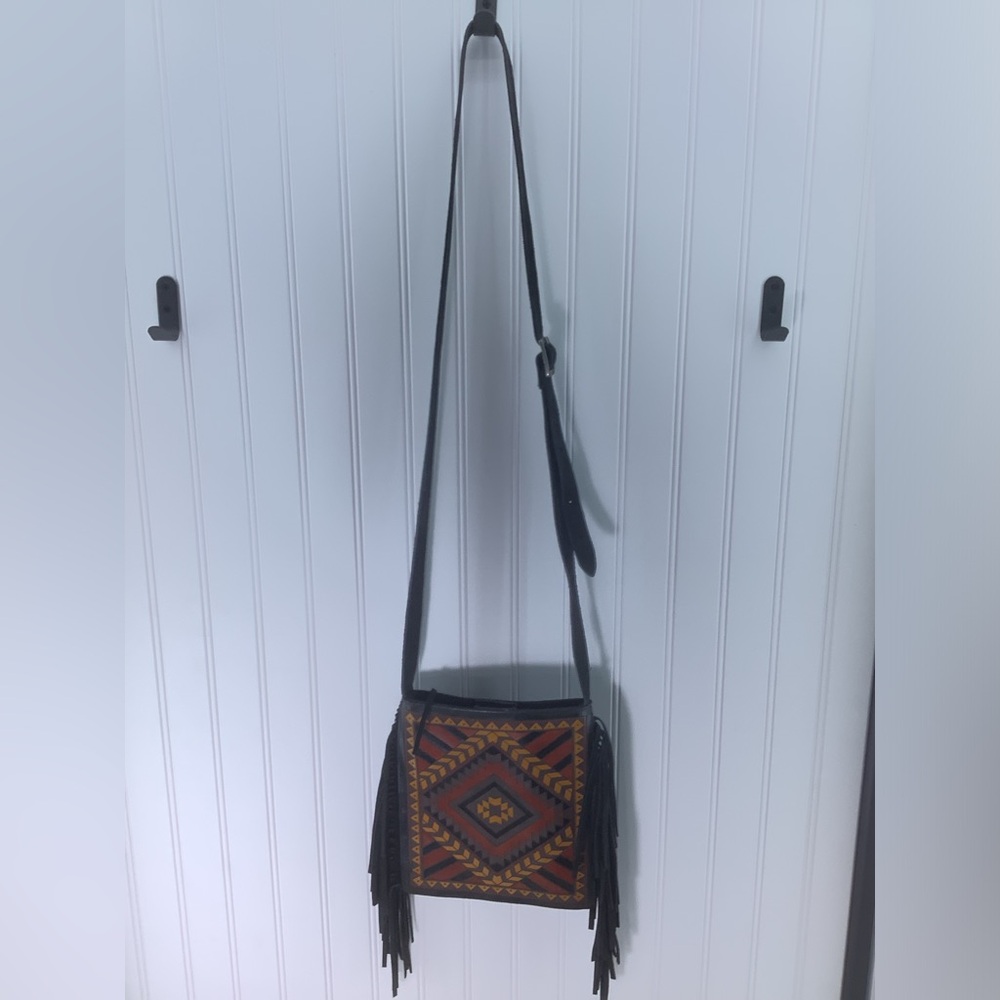 Idyllwind Black Fringe Crossbody Bag with Aztec Pattern